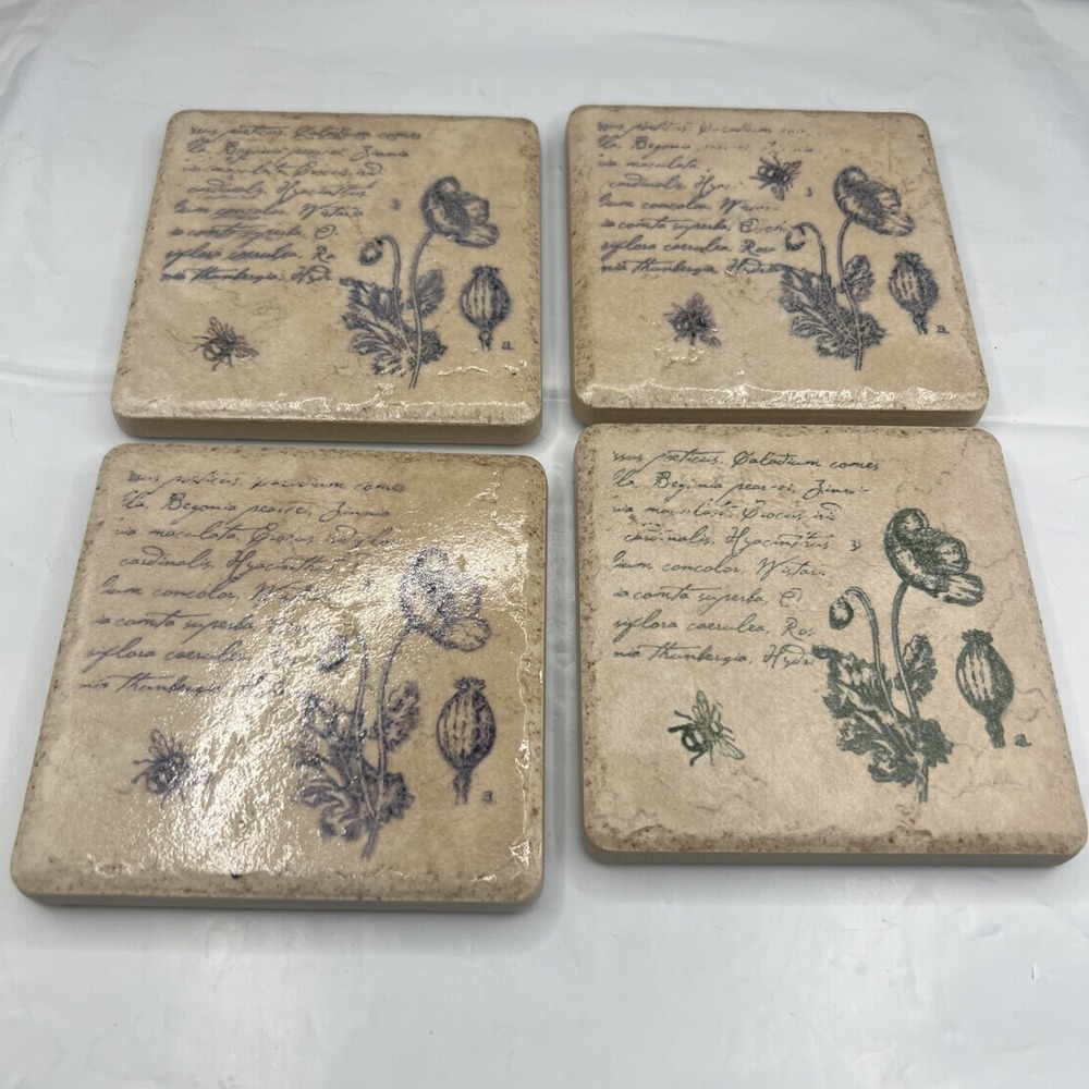 Vintage Del Conca Rialto Beige Botanical Tile Coasters Set of 4 Poppy Bee Craft